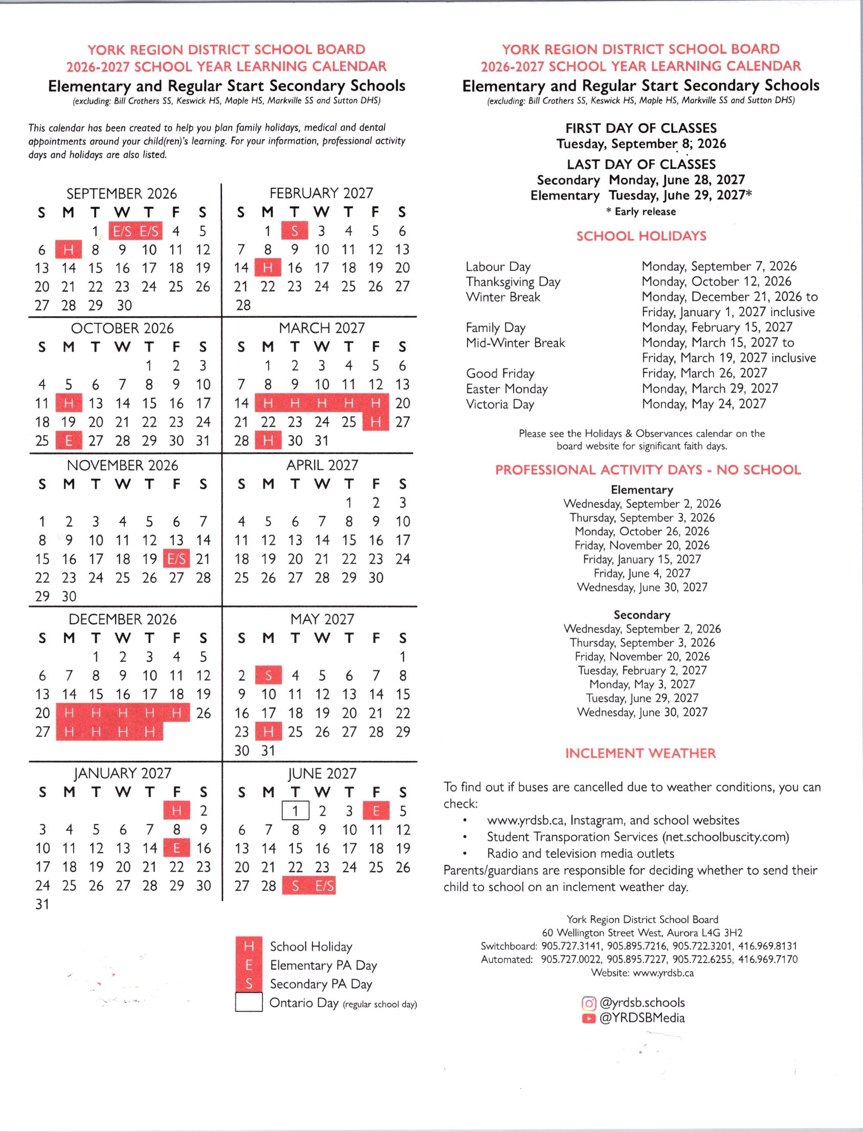 York Region District School Board 2026–2027 School Year Learning Calendar showing monthly grids, school holidays, professional activity days, and inclement weather procedures