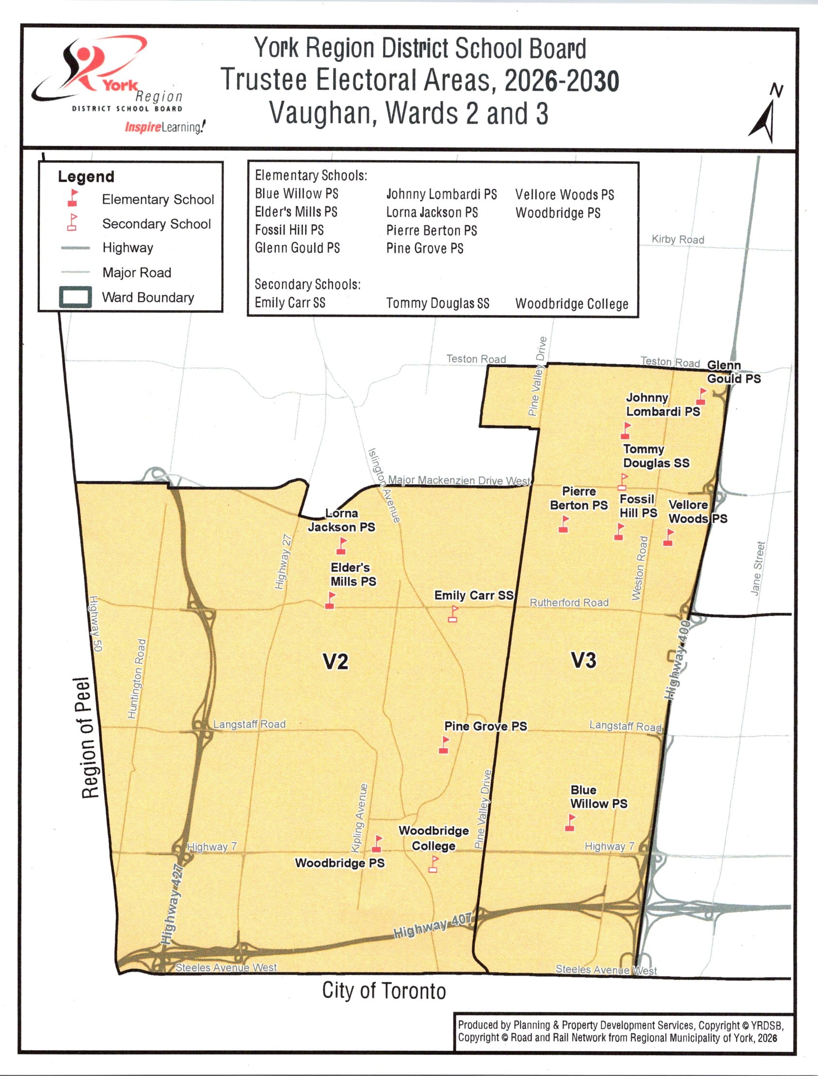 York Region District School Board Trustee Electoral Areas 2026-2030 — Vaughan Wards 2 and 3, showing school locations and ward boundaries